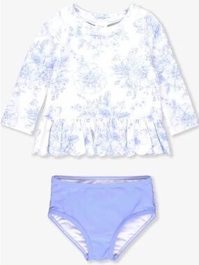Periwinkle Butterfly Garden Scallop Hem Long Sleeve Rash Guard Bikini - size 5